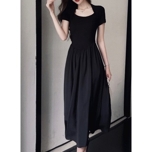 黑色短袖连衣裙女夏季新款修身休闲小个子高腰显瘦收腰a字长裙