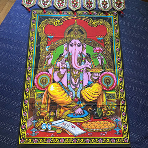 印度象鼻财神象神瑜伽吉祥印染亮片壁画装裱画芯平安招财传统布画