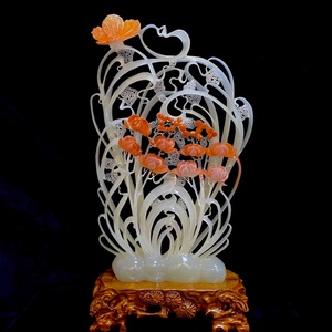 富贵金兰花天然玉石摆件家居客厅装饰工艺中式雕刻送礼佳品一对