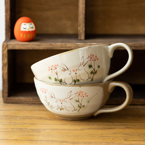 日本进口濑户烧手绘可爱兔子马克杯日式咖啡杯家用早餐杯子麦片杯