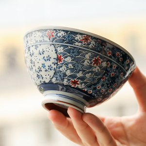 日本进口美浓烧复古蓝色樱花陶瓷米饭碗家用釉下彩小碗粥碗面碗