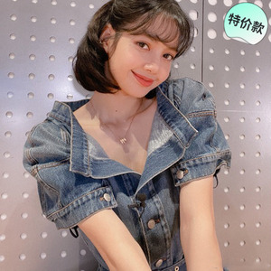 lisa同款青春有你3夏季女蓝色水洗做旧鱼尾荷叶边短袖牛仔连衣裙