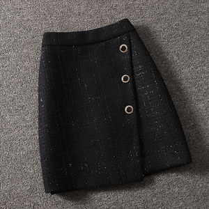 银丝毛呢不规则短裙女2020秋冬新款高腰小香风黑色包臀a字半身裙