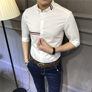 韩国长袖衬衫tb款男士修身七分袖韩版潮流免烫中袖衬衣短袖男商务