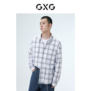GXG男装 翻领格子长袖衬衫休闲外穿后背字母印花 2022年秋季新品