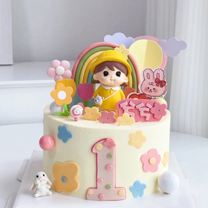儿童生日烘焙蛋糕装饰黄帽背包女孩立体彩虹小花小兔子宝宝周岁c