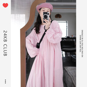 日系文艺森系设计感粉色条纹连衣裙宽松气质长款长袖衬衫裙女春秋