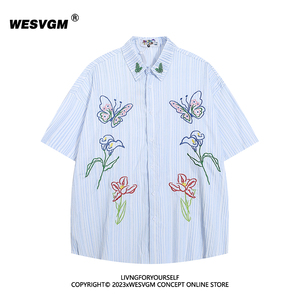 WESVGM日系复古蝴蝶花卉刺绣条纹短袖衬衫男女宽松休闲设计感上衣