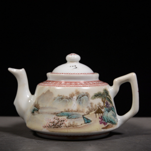 古玩古董收藏老物件瓷器包老保真民国张志汤款粉彩山水图瓷壶茶壶