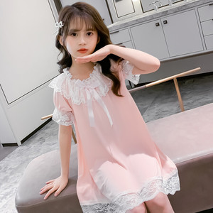 女童睡裙夏季薄款短袖公主可爱13岁女孩10儿童9夏款5蕾丝睡衣夏装