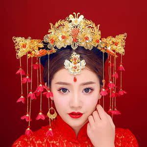 中式古典金色流苏花朵新娘发饰凤冠古装头饰影楼造型配饰品