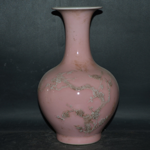 古玩古董收藏景德镇厂货瓷器单色釉桃红堆花纹赏瓶 花瓶摆件陶瓷