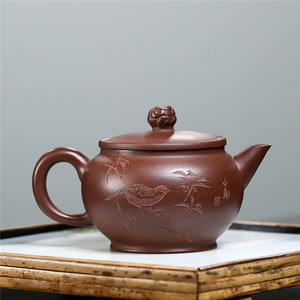 宜兴紫砂壶吴俊手工刻绘喜上枝头如意水平泡茶壶老紫泥功夫茶具