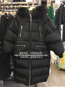现货！韩国代购JS可拆卸大浣熊毛领个性蝙蝠袖长款情侣面包羽绒服