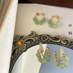 新中式复古国风古风和田玉翡翠耳扣小巧气质名媛镀14k金阳绿耳钉