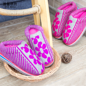 雅馨绣坊diy毛线手工钩织鞋ab澳毛 亮丝腈纶线三朵花棉拖鞋材料包