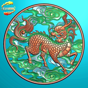 精雕图圆形挂件贴花麒麟祥云镂空浮雕灰度图石雕木雕电脑雕刻90