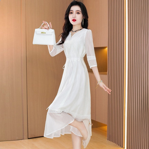 白色连衣裙子女夏季2024新款高贵礼服高级感高端精致奢华品牌雪纺