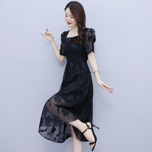修身冰丝连衣裙2022年新款夏季女装黑色礼服高端奢华品牌名媛气质