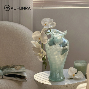 蓝色透明玻璃花瓶中式风格复古花边装饰花器摆件客厅玄关插花水培