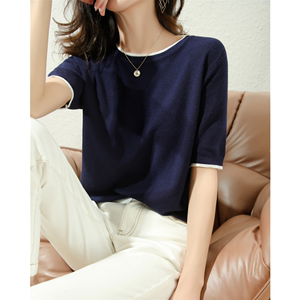 韩版新款菠萝针圆领拼色冰丝短袖T恤薄女宽松显瘦棉麻针织打底衫
