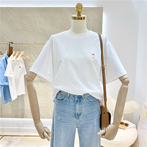 纯棉百搭简约刺绣卡通夏季新款宽松显瘦圆领白色打底衫t恤女半袖