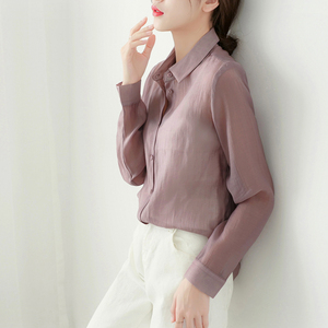 showcity温柔透视烟熏紫天丝衬衫女长袖上衣防晒舒适柔软时髦chic