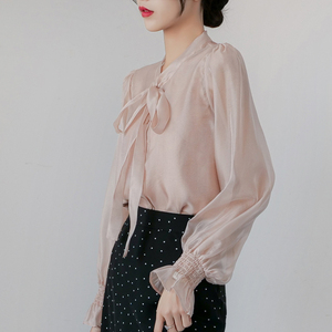 showcity香槟粉蝴蝶结系带灯笼袖衬衫女长袖优雅时髦温柔透视上衣