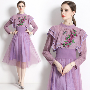 新款半高领女装2023高贵紫色蕾丝立体盘花刺绣网纱大摆仙女连衣裙