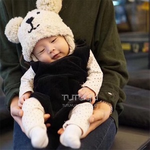 秋冬季小熊护耳毛线帽双球儿童针织帽婴儿手工套头帽潮加厚保暖帽