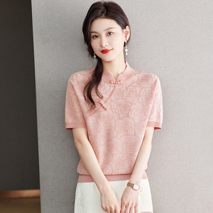 中式短袖T恤女夏装旗袍领冰丝国风天丝品牌时尚气质盘扣针织上衣