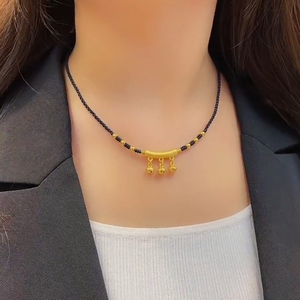 999足金弯管铃铛项链黄金新款时尚吊坠编织小金珠锁骨链送女朋友