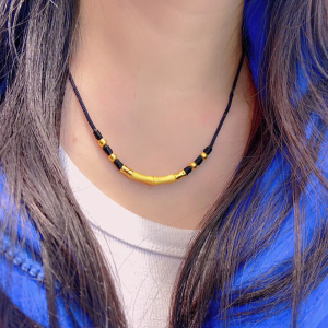 999足金新款竹节项链黄金节节高升编织金珠黑绳吊坠送女朋友礼物