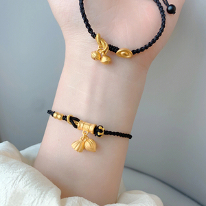 999足金铃铛手链黄金女黑色编织手绳两世欢莲蓬元宝新款生日礼物