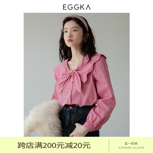EGGKA 衬衫2024新款女秋季长袖法式复古娃娃领宽松衬衣小个子上衣