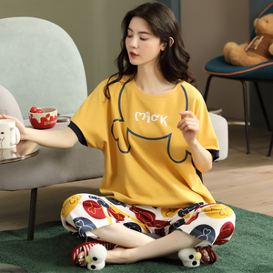 纯棉睡衣女士夏季大码短袖七分裤韩版卡通印花学生居家服休闲套装