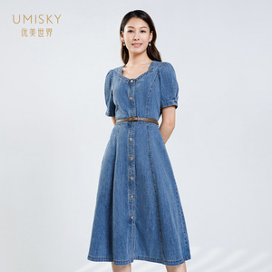 umisky优美世界SI2D1207夏装法式方领泡泡袖牛仔连衣裙女士中长裙