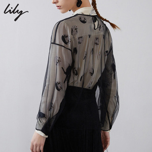 【明星同款】Lily2019春新款女装刺绣透视网纱蕾丝衫11