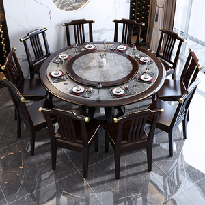 包邮岩板圆形餐桌椅组合家用10人吃饭桌子全实木转盘原木实木餐桌