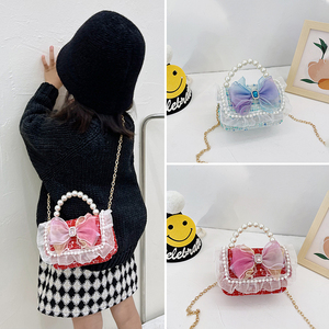 儿童包包女童时尚蝴蝶结斜挎包公主风女孩链条包迷你珍珠手提包潮