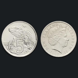 【大洋洲】全新 新西兰5分硬币 单枚 蜥蜴女王头像 2000年 km#116
