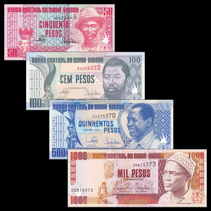 p10-13 全新unc 几内亚比绍4枚(50-1000比索)纸币套币 外国钱币