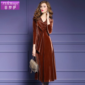 菲梦伊旗舰店女装2017秋冬丝绒连衣裙v领系带九分袖显瘦中长a字裙