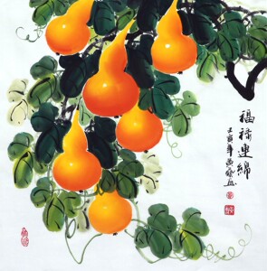 纯手绘四尺斗方黄艺书房写意花鸟葫芦福禄连绵名人字画国画书画