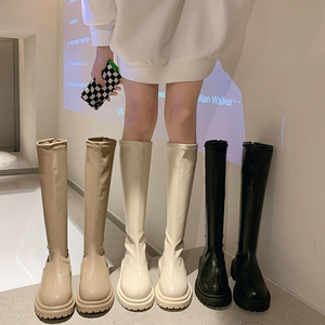 平口显瘦长筒靴子女2023秋冬新款厚底高筒奶茶白色马丁靴骑士长靴