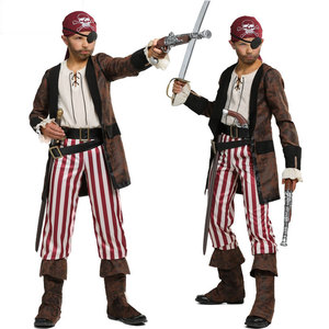 特价万圣节狂欢节舞台表演儿童男加勒比棕色海盗船员船长扮演服装
