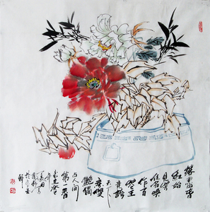 斗方牡丹画国画《花瓶牡丹画》水墨画 郝凤格字画 收藏品480