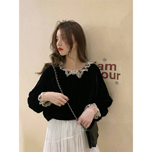 黑色复古衬衫女秋冬新款蕾丝法式丝绒小衫韩版设计感小众长袖上衣