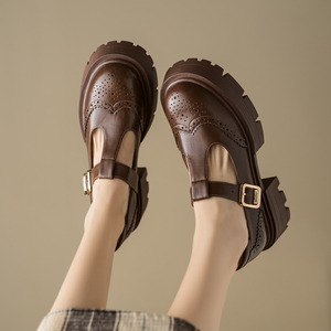 玛丽珍小皮鞋女春季2024年新款粗跟丁字带英伦复古棕色高跟小皮鞋