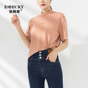 依贝奇春季新款半高领纯色打底上衣短袖时尚气质优雅女式T恤